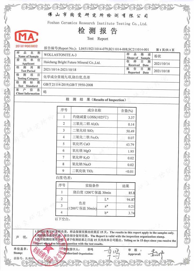 Wollastonite certificate